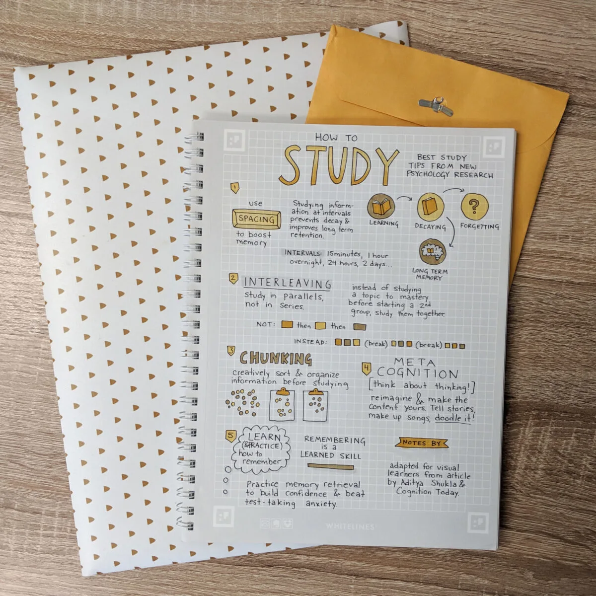Flat lay photo of a page of notes about study techniques.