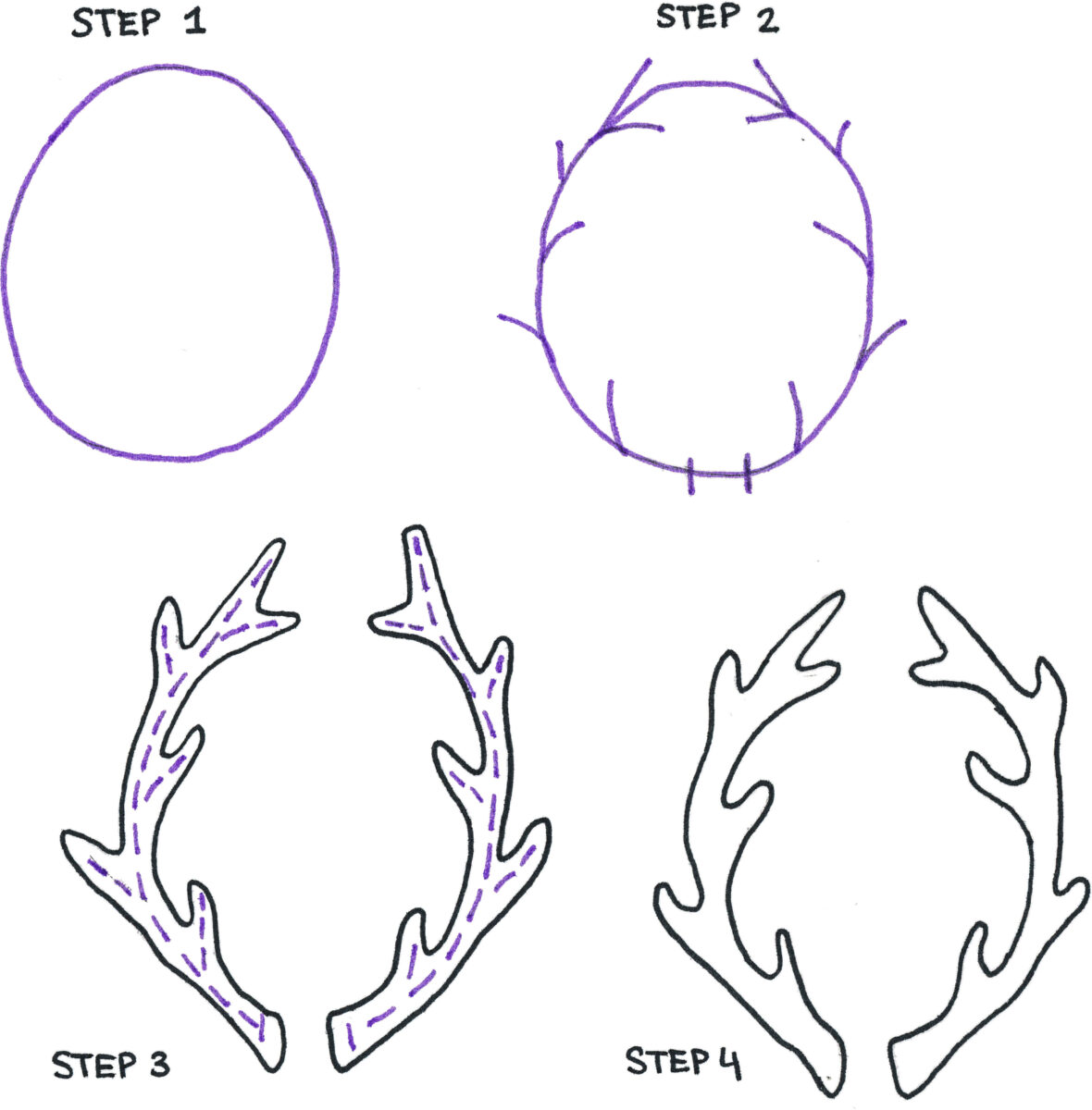 Four steps to drawing antlers are drawing an oval, adding lines, drawing an outline, and erasing steps one through two.