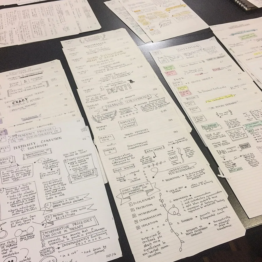 Dozens of pages of psychology notes laid out on a page.