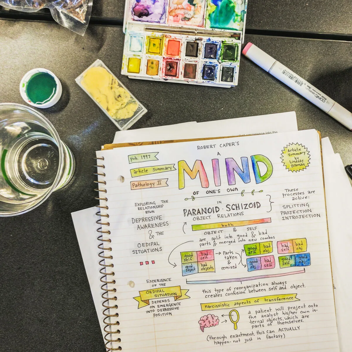 Psychology course notes created with artful drawings shown in a pretty flat lay photograph.