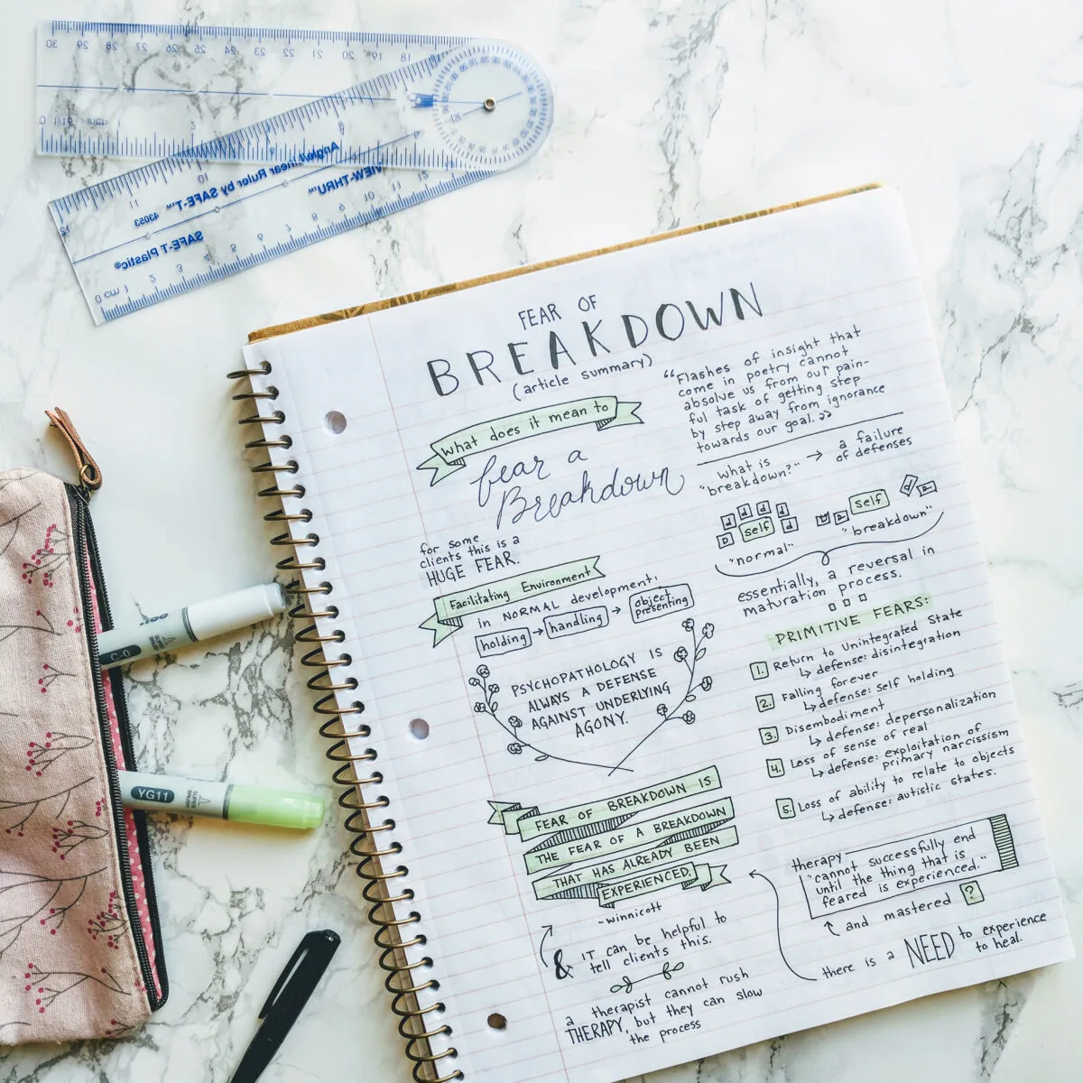 Psychology course notes created with artful drawings shown in a pretty flat lay photograph.