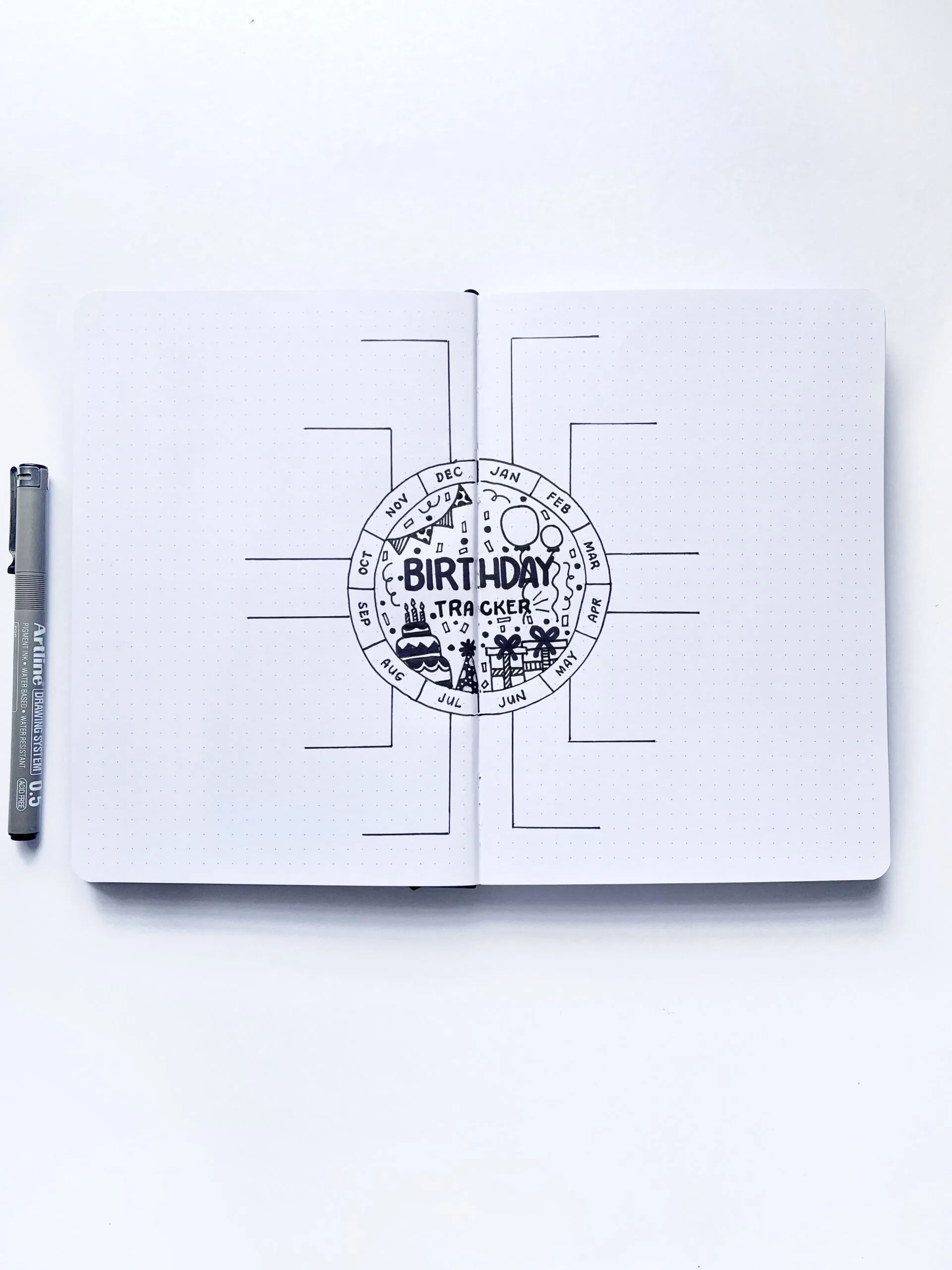 The labelled birthday tracker layout with its outline traced with a pen.