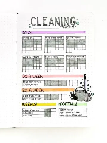 A bullet journal cleaning tracker layout on the page of an open journal.