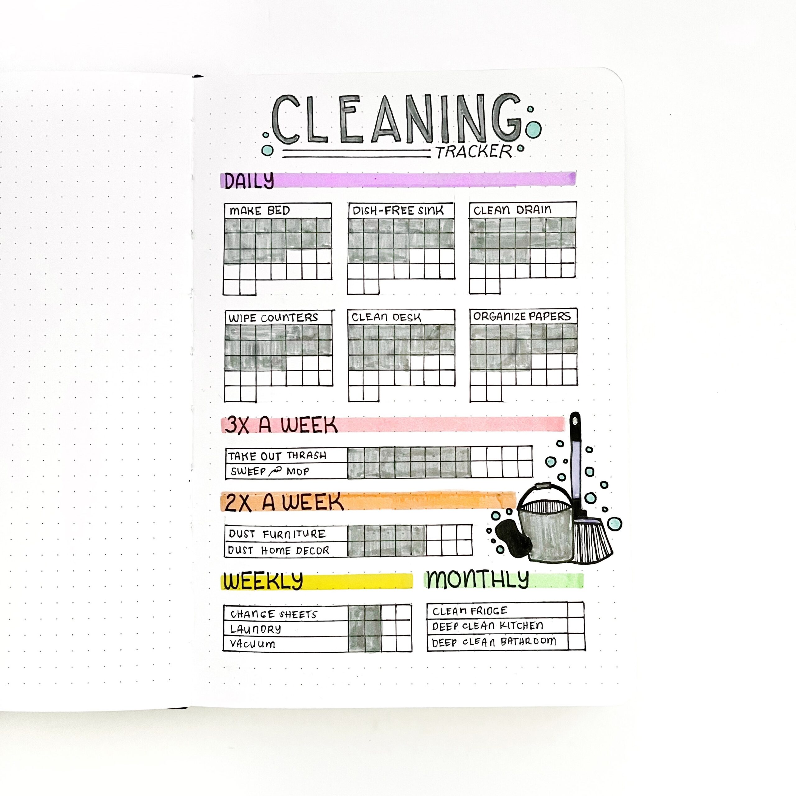 A bullet journal cleaning tracker layout on the page of an open journal.