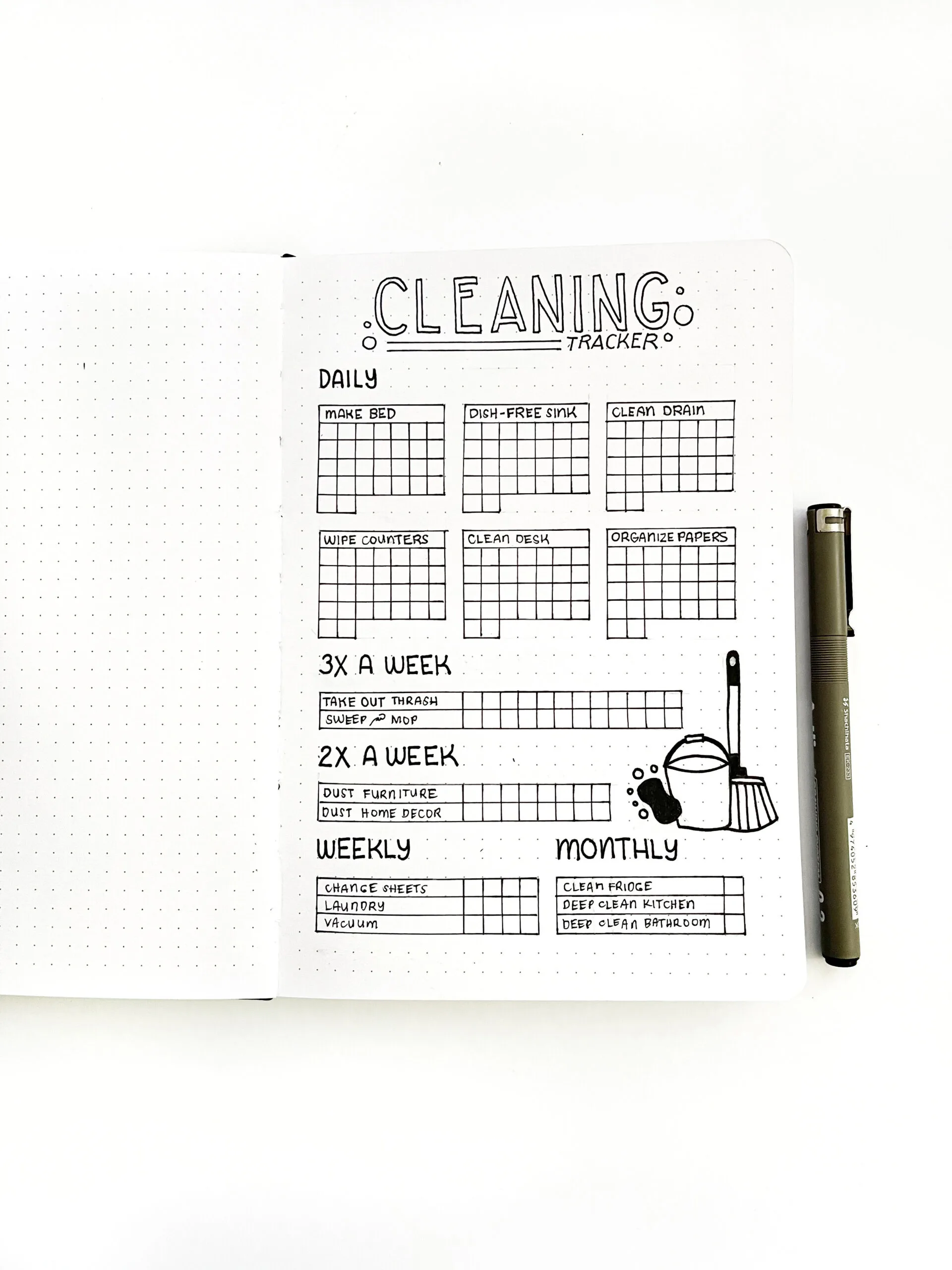 Each chore titled in the cleaning tracker using a pen in a bullet journal.