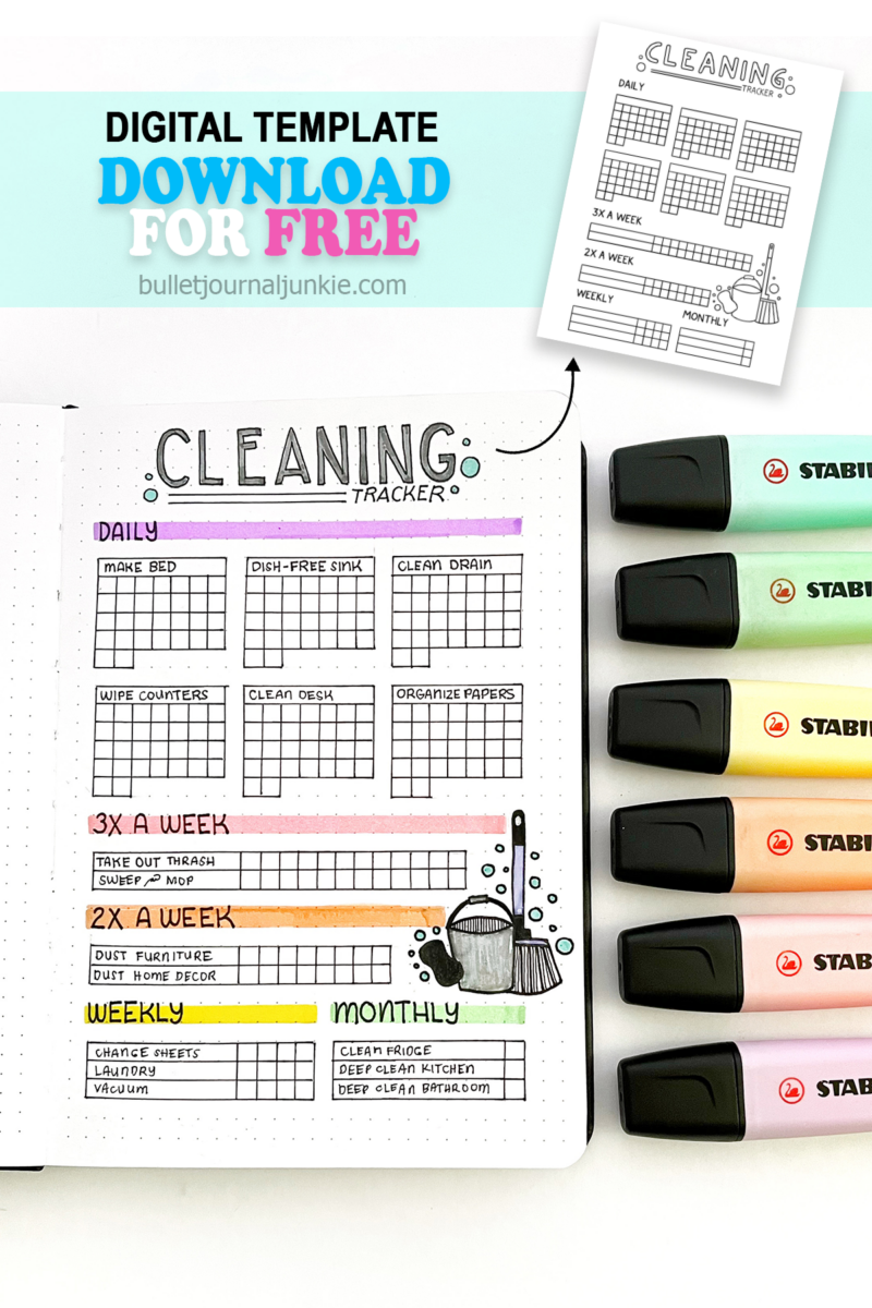 Cleaning tracker layout in a bullet journal.