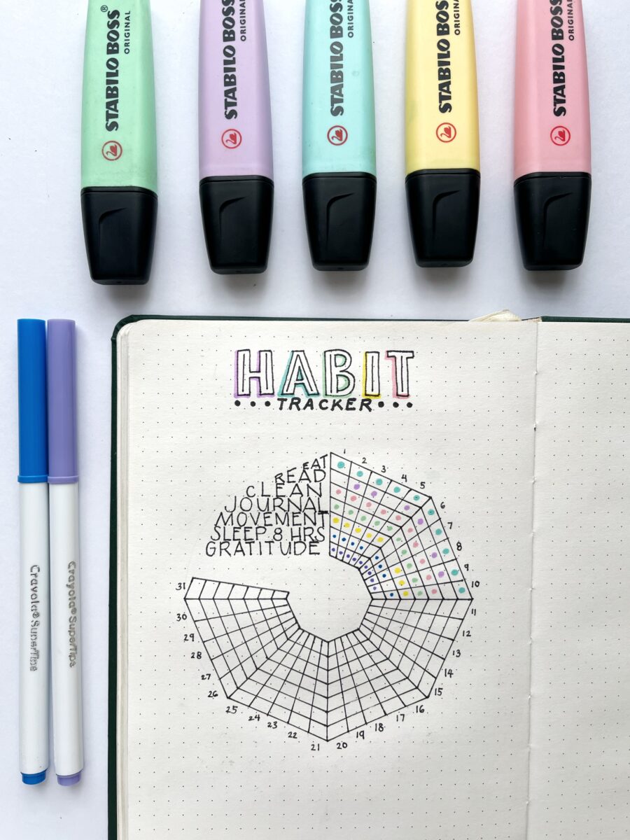 Photograph of a bullet journal habit tracker layout partially filled out as an example.