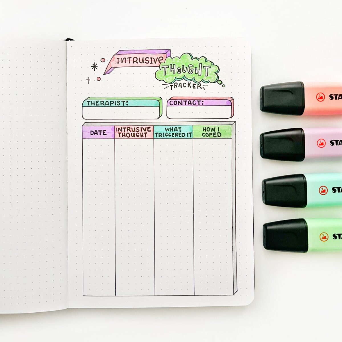 A bullet journal intrusive thought tracker layout on the page of an open journal.