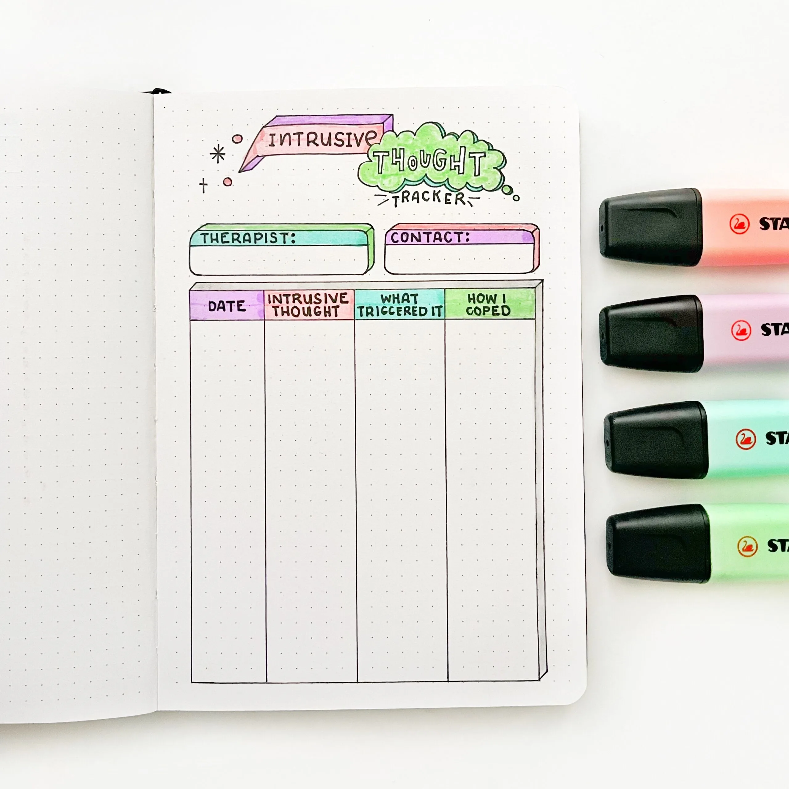 A bullet journal intrusive thought tracker layout on the page of an open journal.