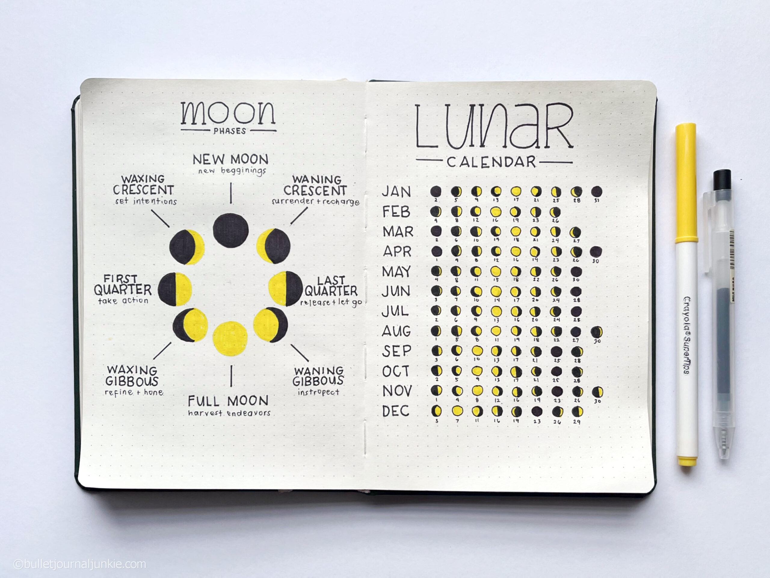 A lunar calendar layout in a bullet journal