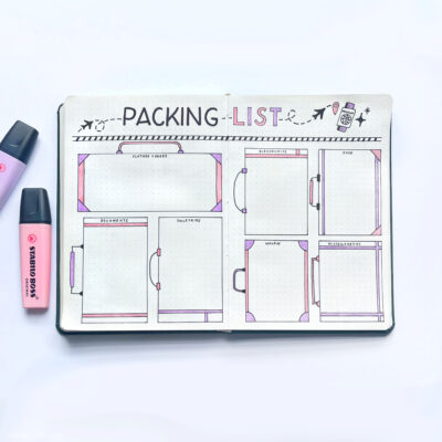 A bullet journal layout packing list printable PDF shown on a white background.