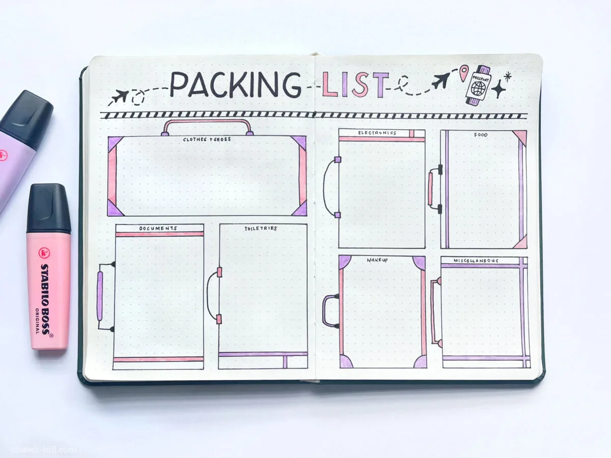 packing list bullet journal layout being drawn in ink on a page.