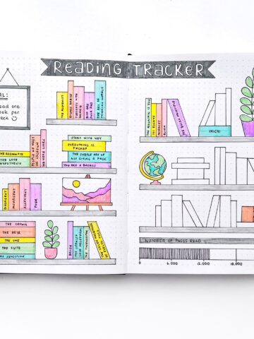 A bullet journal reading tracker layout on the pages of an open journal.