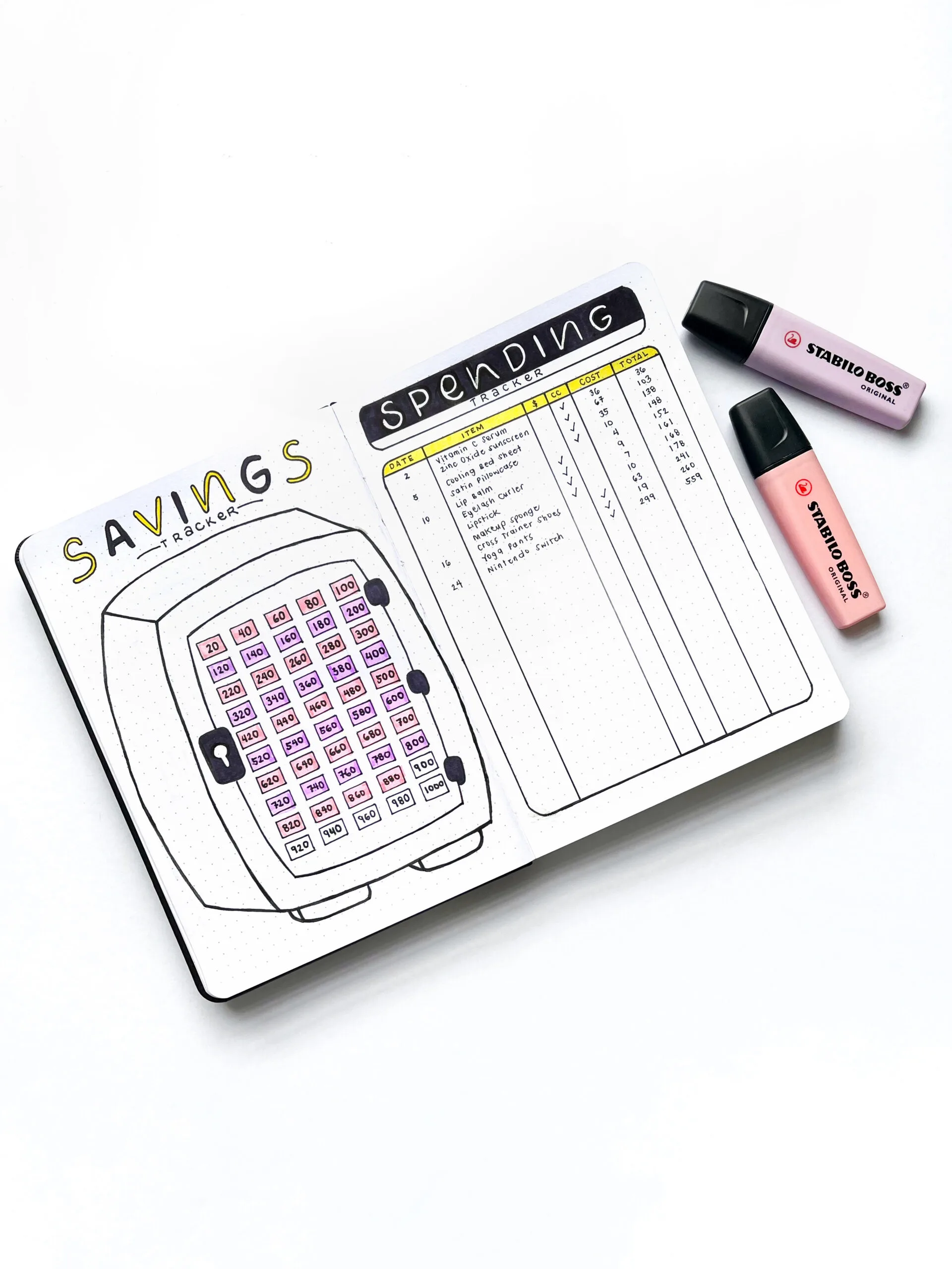 Savings vs. Shopping Tracker Layout with highlighjted bills in the vault drawn and logs written in the table.