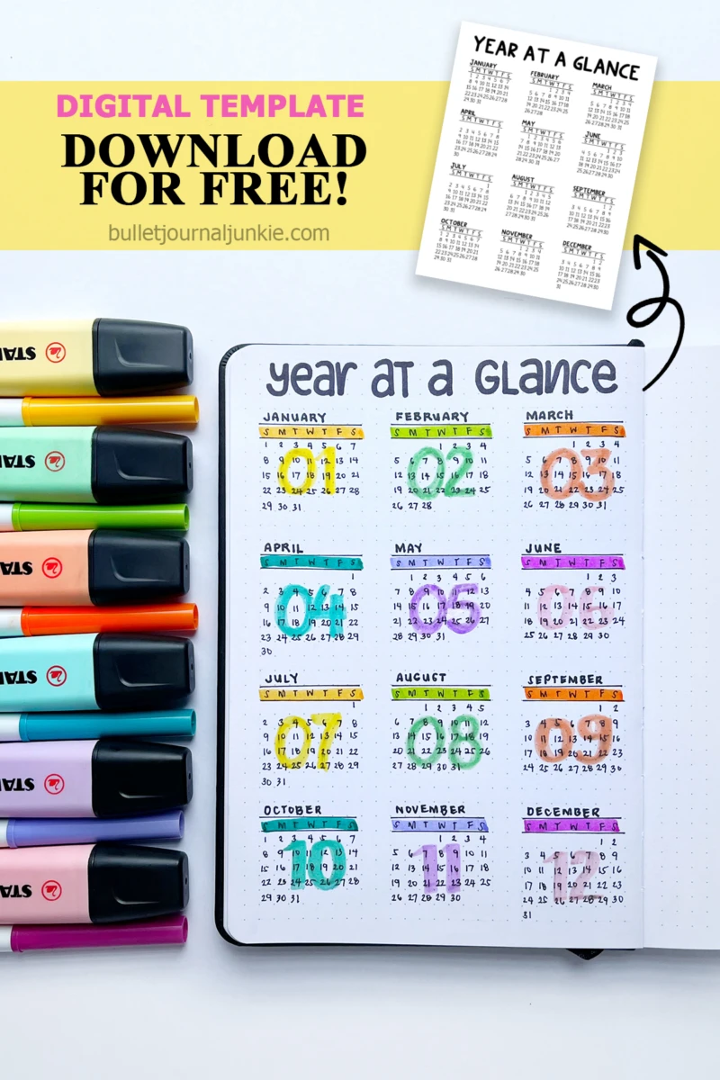 2024 Calendar Free Printable, Bullet Journal and Planner Free Download  Year-at-a-Glance & Future Log