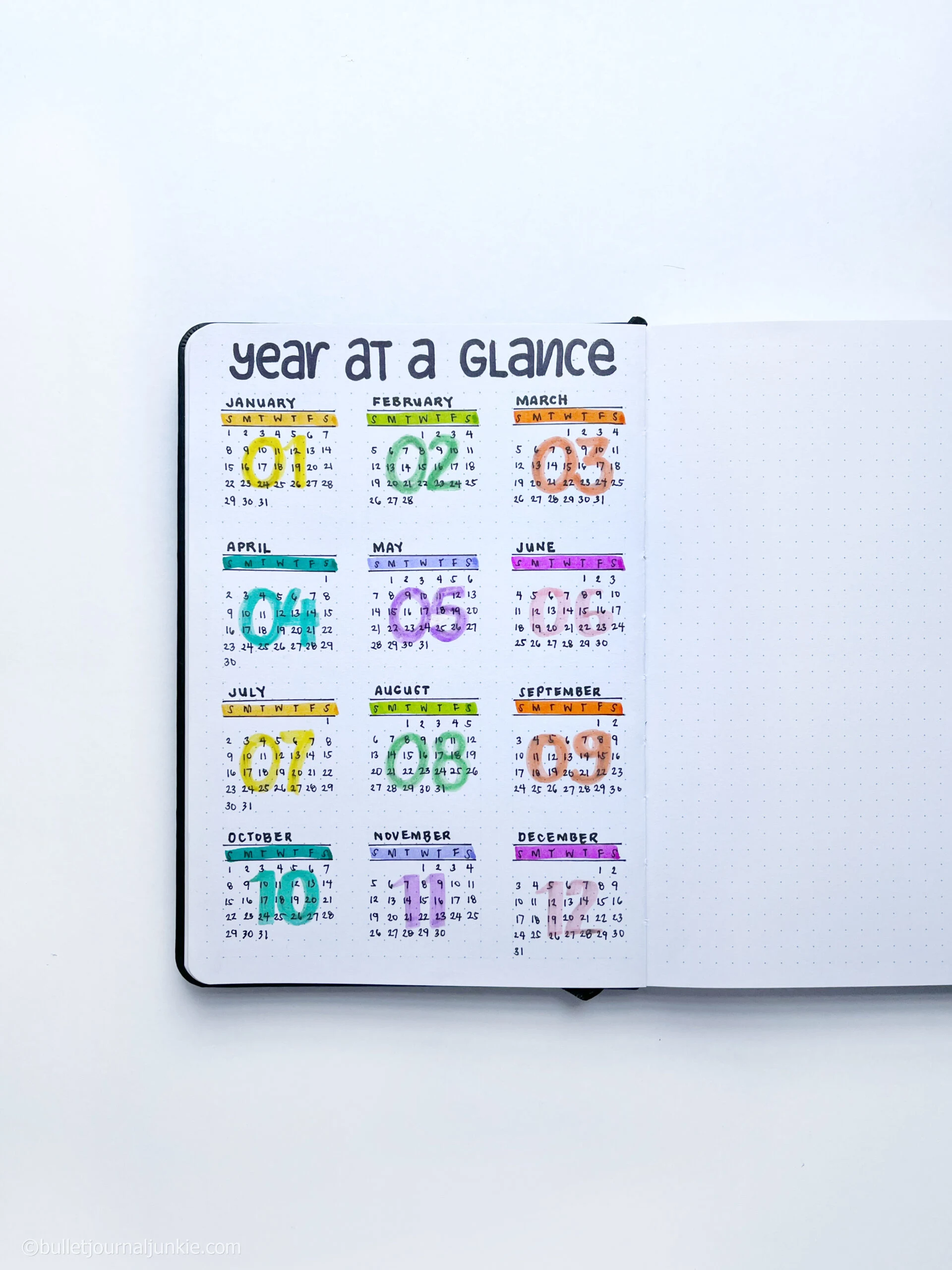 A beautifully decorated year at a glance bullet journal layout.