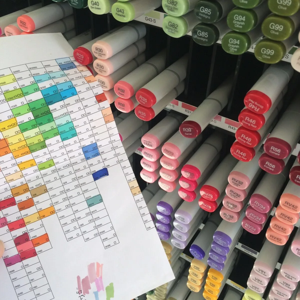 Copic markers in an art store.