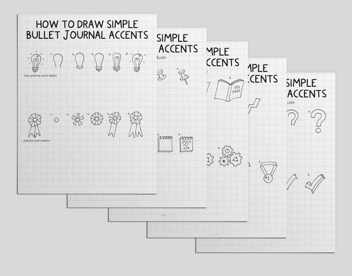 mockup of a set of worksheets on drawing bullet journal accents